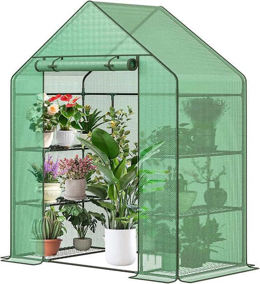 Greenhouse, 56 x 28 x 76'' Heavy Duty Greenhouses for Outdoors, Green House with Roll-Up Door Thicken PE Cover, Portable Walk-in Green Houses for Outside with 3 Tier 4 Shelves
