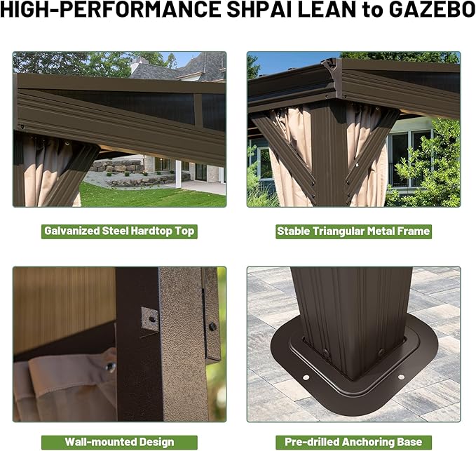 10x14FT Lean to Gazebo, Outdoor Hardtop Wall Mounted Gazebo with Gutter & Sloping Galvanized Steel Roof, Metal Frame Mount Gazebos with Netting & Curtain for Deck, Porch, Backyard