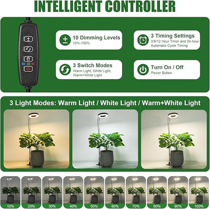48 LEDs Full Spectrum Grow Lights for Indoor Plants, Height Adjustable, Small Black Halo Plant Light with Base, 3 Light Modes, 10 Brightness, Auto Timer 3/9/12H, 2 Pack