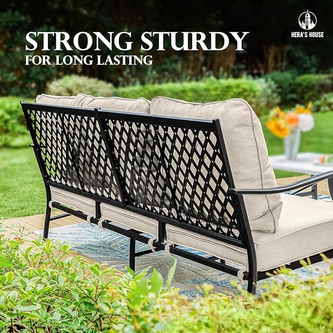 HERA'S HOUSE 6 Piece Patio Furniture Set, 2 x Rocking Chair, 2 x Fixed Chair, 1 x 3-Seat Sofa with Marbling Coffee Table, All Cushioned 7 Seats Outdoor Conversation Set for Lawn Garden Backyard