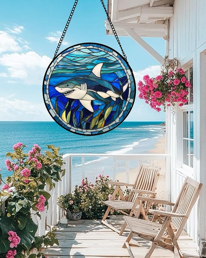 Stained Glass Suncatcher, Blue Ocean Big Shark Sun Catcher Waterweed Stain Glass Window Hanging Decoration Mother's Day Birthday Gifts for Women Men Mom Nana 6.3 in