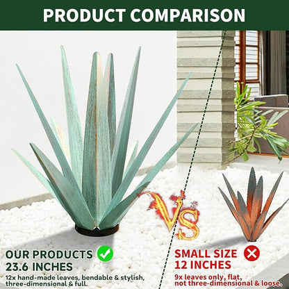 Large Tequila Rustic Sculpture, Rustic Metal Agave Plants for Outdoor Patio Yard, Home Decor Hand Painted Metal Agave Garden Yard Statue, Outdoor Lawn Ornaments (Dark Blue - L (W/Solar Light))