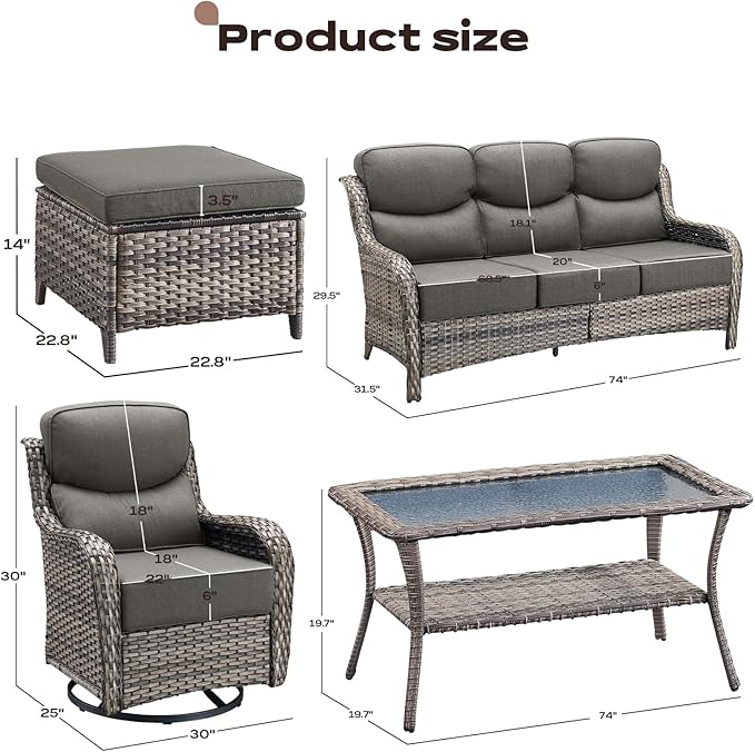 Rilyson Wicker Outdoor Patio Furniture Set - 8 Piece Patio Conversation Sets with Swivel Rocker Chairs, Ottomans, Sofa and Table, 6 inch Cushions, Deep Seating, for Porch Deck Mixed Grey/Grey