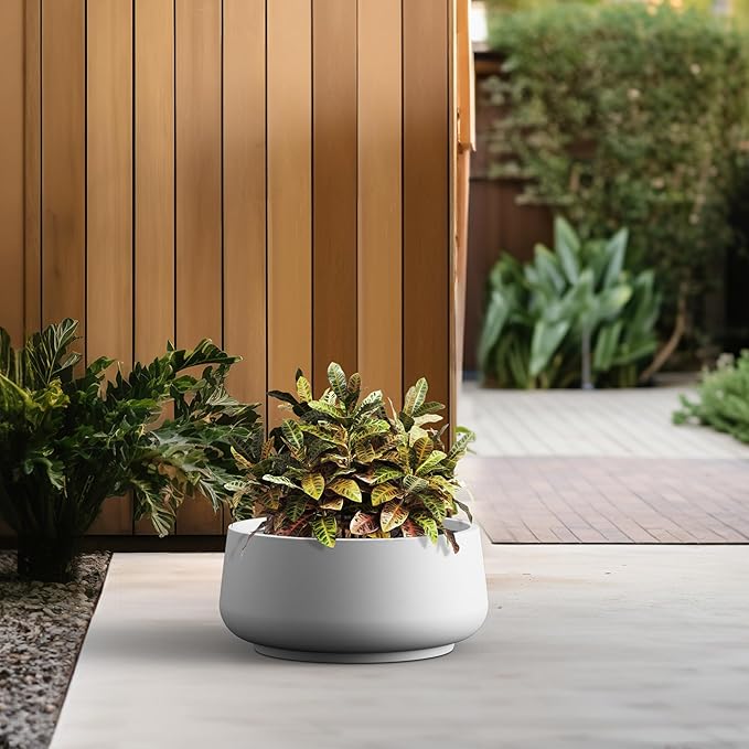 Kante 16.1" Dia Round Curvy Concrete Planter, Large Plant Pots with Drainage Hole and Rubber Plug for Indoor Outdoor Plants, Flower Pot for Home Garden Patio Porch, White