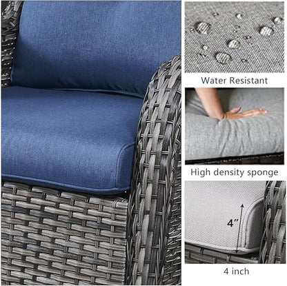 HUMMUH Patio Furniture 6 Pieces Outdoor Furniture Set Wicker Outdoor Sectional Sofa with Swivel Rocking Chairs,Patio Ottomans,Patio Coffee Table, Grey/Blue