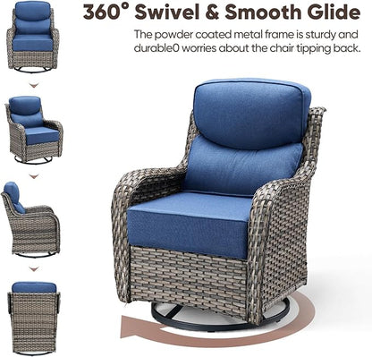 Swivel Patio Chairs sofa Set of 5 with 6" Thick Cushion - Wicker Outdoor Swivel Rocker Patio Chair ,Sofa/Glass coffee table, High Back Comfortable Outdoor Glider Chairs - Grey Wicker | Blue Cushions