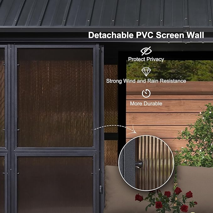 PURPLE LEAF 12' X 14' Patio Hardtop Gazebo Double Top Outdoor Screen House Aluminum Solarium Backyard Sun Room with Detachable Windows and 24 Solar String Light
