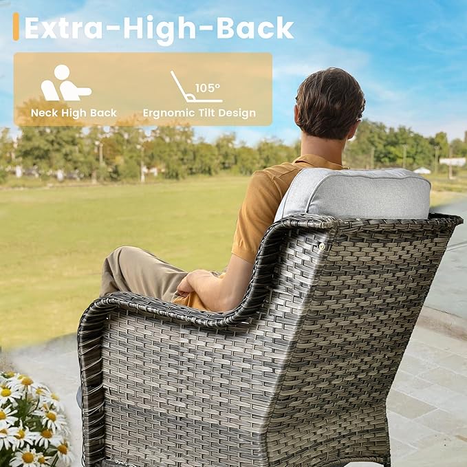 HOOOWOOO Patio Furniture Set,7 Piece Outdoor Furniture Set with Fire Pit Table,Wicker Patio Conversation Couch Swivel Chairs Ottoman Set,Light Gray