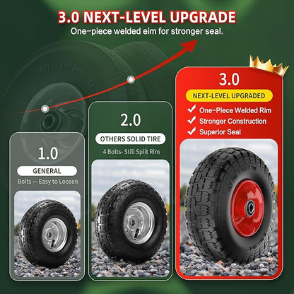 4.10/3.50-4 Tire and Wheel Flat Free,10-Inch Solid Wheel Replacement with 5/8 Bearings,2.2" Offset Hub -Compatible with Hand Truck,Wheelbarrow,Dolly(Red)