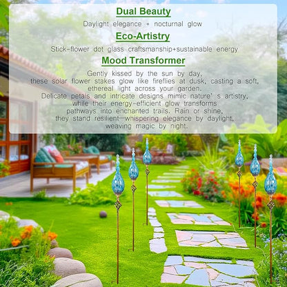Solar Garden Lights Outdoor, Decorative LED Flame Garden Stakes, Hand Blown Glass and Outdoor Waterproof Glass Stakes (Light Blue)