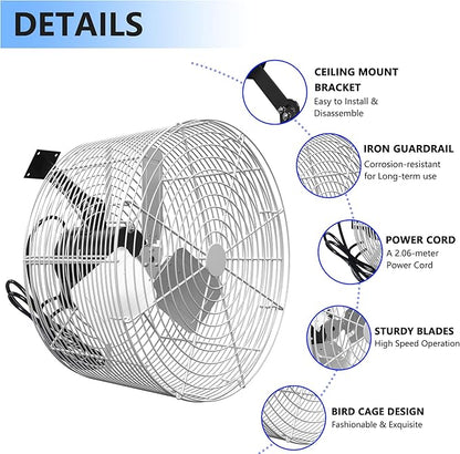 Greenhouse Air Circulation 1/3 HP 115V Ceiling Wall Mount Fan 5470CFM High Speed Circulation Fan for Greenhouse, Warehouse, Patio, Garage