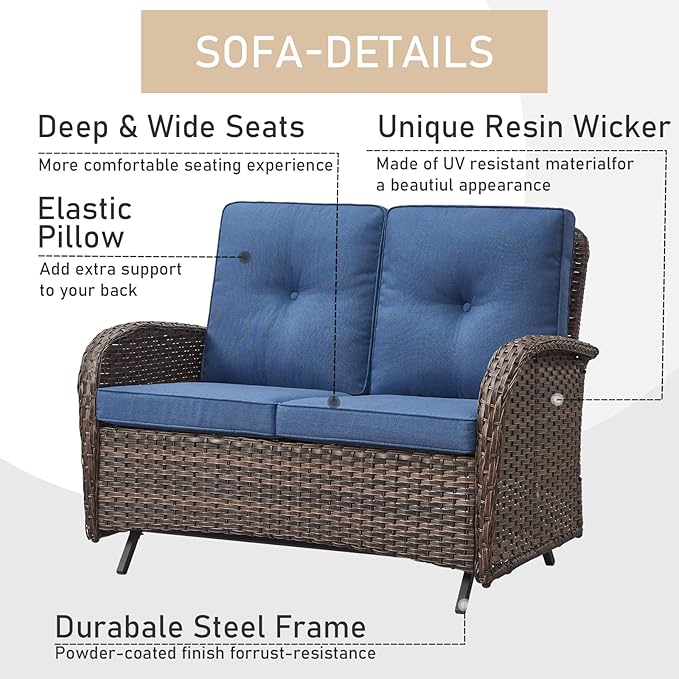 HUMMUH Patio Furniture 7-Piece PE Wicker Outdoor Conversation Set,All-Weather Swivel and Rocking Chairs,Glider Loveseat,Coffee Tables for Backyard,Poolside,Deck