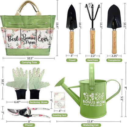 Bonus Mom Gifts, Garden Kit Bonus Mom Gifts from Bonus Daughter Floral Gardening Tools and Durable Garden Tools Organizer Tote, Gardening Set for Women on Birthday Plant Lover Present