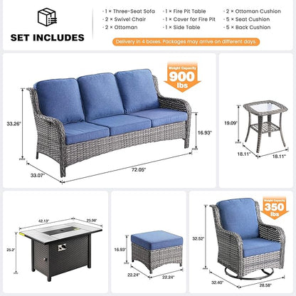 ovios 7 Pieces Patio Furniture Set, Outdoor Wicker Sofa Couch with Swivel Chairs 42" Fire Pit Table, High Back All Weather Modern Conversation Sets, Grey Rattan, Denim Blue