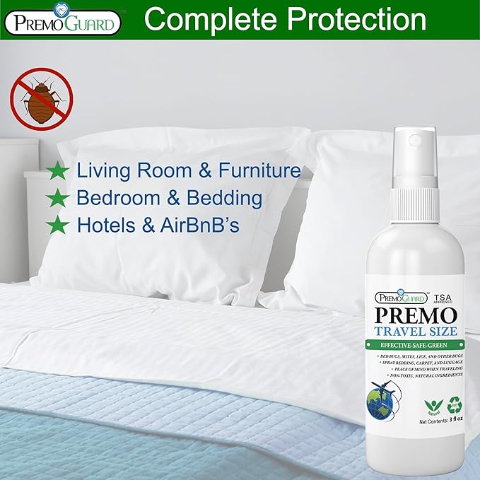 Premo Guard Travel Bed Bug, Mite & Lice Spray 3 oz - TSA Carryon Approved - Natural Stain & Odor Free - Public Transportation, Accommodations & Luggage - Chid & Pet Safe (3 Pack)