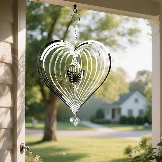 HOOSUN Metal Wind Spinners Outdoor for Yard and Garden Decor,Reflective Bird Deterrents for Outside Windows Patio Porch,Stainless Steel 3D Hanging Heart Butterfly Wind Spinners Gifts for Mom Women