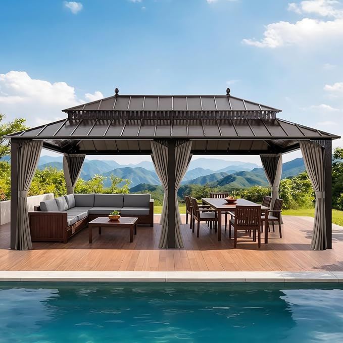 SUNJOY Kingston 20' x 12' Hardtop Gazebo with Galvanized Steel Double Roof, Curtain and Netting, Brown Aluminum Posts Permanent Pavilion Gazebo for Garden, Patio, Deck, Lawn