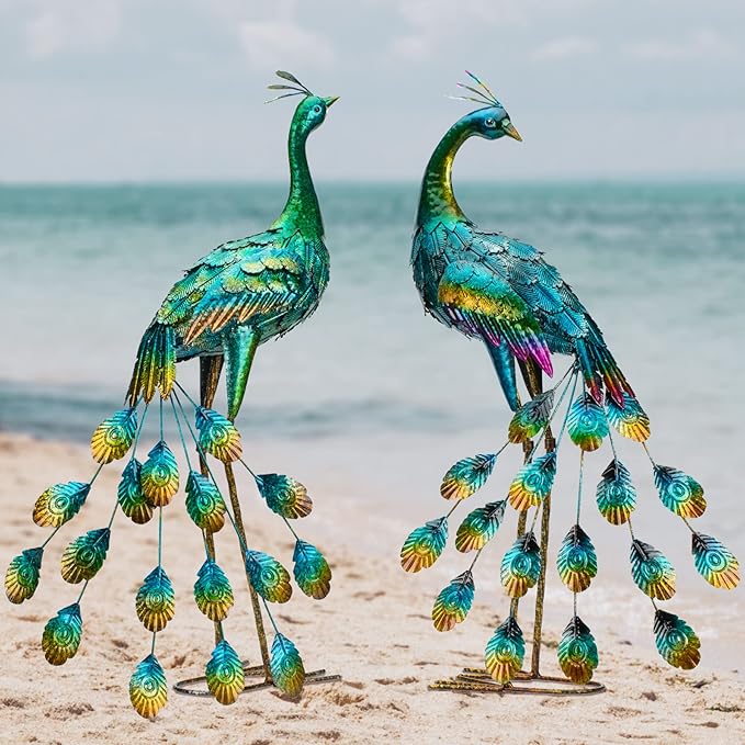 Kircust Metal Peacock Sculptures - Set of 2 Outdoor Garden Yard Art, Durable Weather-Resistant Lawn Statues, Hand-Painted, 30.7" H - Ideal for Backyard, Patio, and Porch Decor