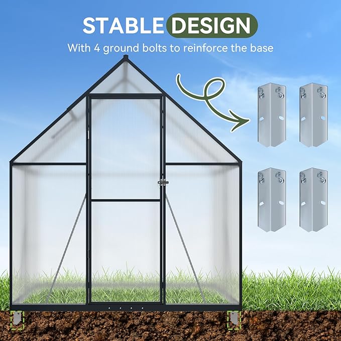 Aoxun 4x6 FT Outdoor Greenhouse, Polycarbonate Greenhouse with Aluminum Frame, Walk-in Green House with Roof Vent, Ground Nails, Lockable Door for Garden Backyard, Patio, Lawn,Quick-Installation