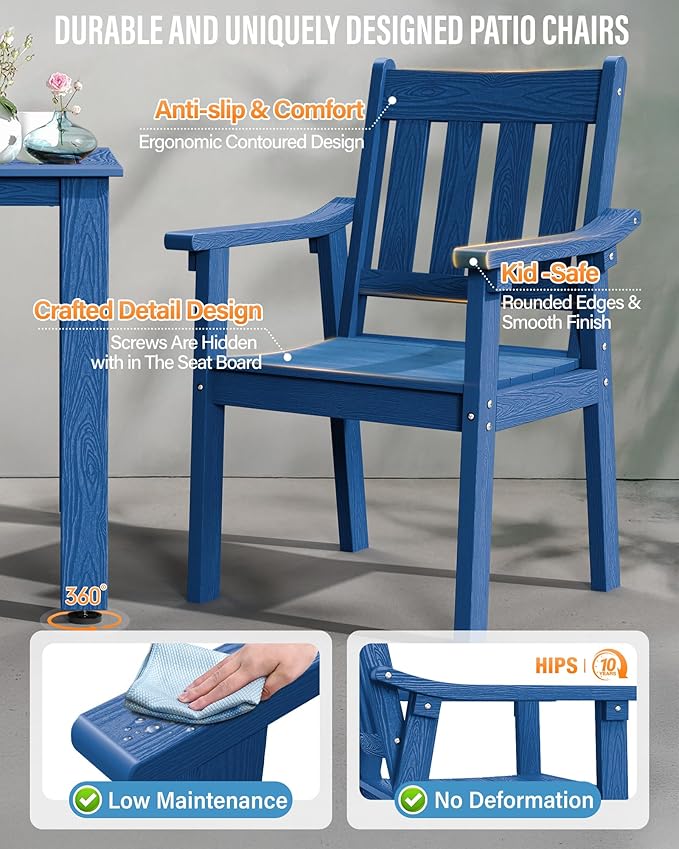 YEFU HIPS Patio Table Set: 7 Piece Outdoor Table and Chairs Dining Furniture Set with Umbrella Hole - Blue Modern Plastic Dining Sets 6 Person for Outside Deck with Metal Aluminum Frame