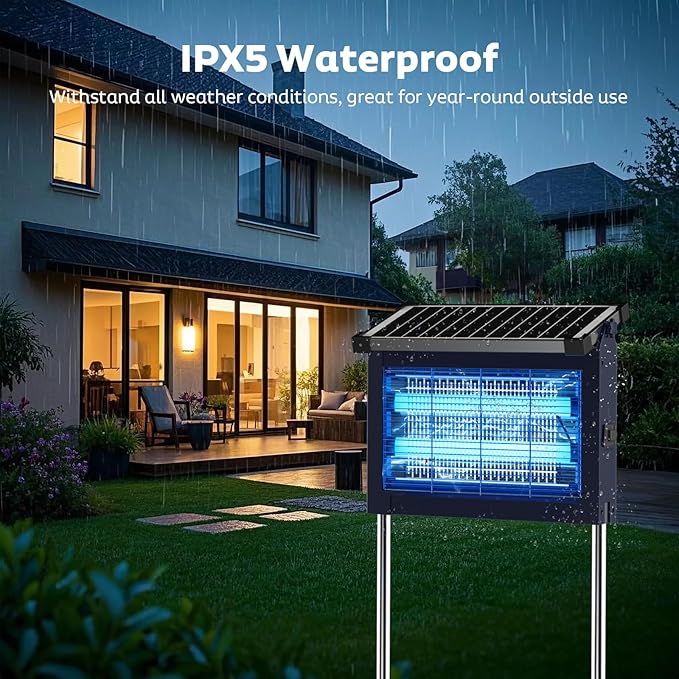 Solar Bug Zapper Outdoor, Mosquito Zapper Waterproof Electric Fly Zapper Rechargeable Mosquito Killer Lamp with 10W Solar Panel, 4500V Cordless Fly Trap for Backyard, Patio, Garden, RV, Camping