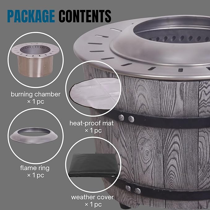 Afterglow Smokeless Fire Pit, 20.5" Round Wood Burning Stainless Steel Top and TerraFab Material Base,Firepit with Weather Cover Perfect for Outdoor Patio Garden, Wood Grain Gray
