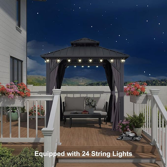 PURPLE LEAF 8'x8' Hardtop Gazebo with Lights All-Weather Galvanized Steel Double Roof Outdoor Patio Garden Gazebo Including Netting and Curtains Grey