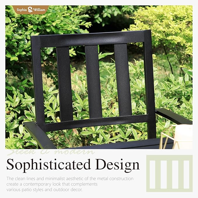 Sophia & William 7-Piece Patio Dining Set for 6, 60.2" Metal Outdoor Table with Umbrella Hole & 6 Stackable Chairs, Heavy-Duty 300LB Capacity - Black - Garden Furniture for Deck, Lawn, Backyard