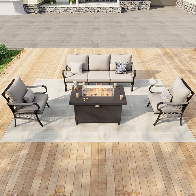 4 Pieces Outdoor Patio Conversation Sets with All Weather Cushions, Metal 3-Seater, 2 Single Chairs, 1 Fire Pit Table for Backyard Deck Porch Poolside, Beige