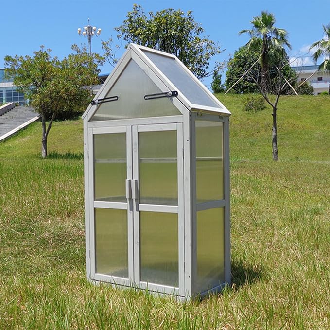 JOYBASE Wooden Mini Cold Frame Greenhouse for Outdoor with Adjustable Shelves, Opening Roof & Wall Mounts - Ideal for Patio, Balcony & Garden, Grey