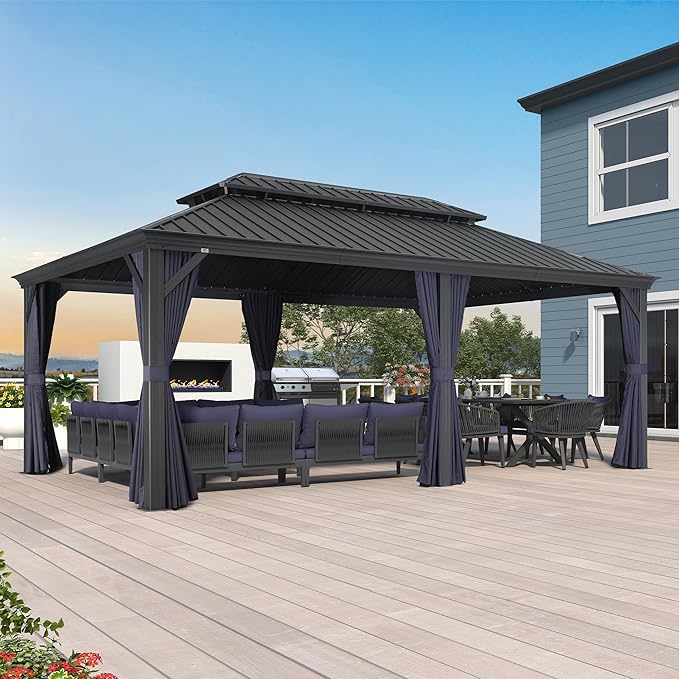 PURPLE LEAF 12' X 20' Hardtop Gazebo Aluminum Gazebo with Galvanized Steel Double Roof for Backyard Patio Lawn and Garden, Curtains and Netting Included, Navy Blue