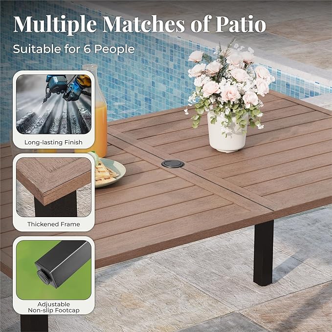 Patio Table and Chairs Set, Outdoor Dining Set for 6 with Brown Chairs and Teak Color Tabletop Outdoor Dining Table, 7-Piece Patio Furniture Set for Deck Backyard Lawn