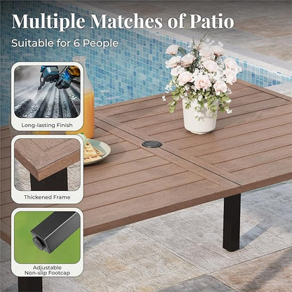 Patio Table and Chairs Set, Outdoor Dining Set for 6 with Brown Chairs and Teak Color Tabletop Outdoor Dining Table, 7-Piece Patio Furniture Set for Deck Backyard Lawn