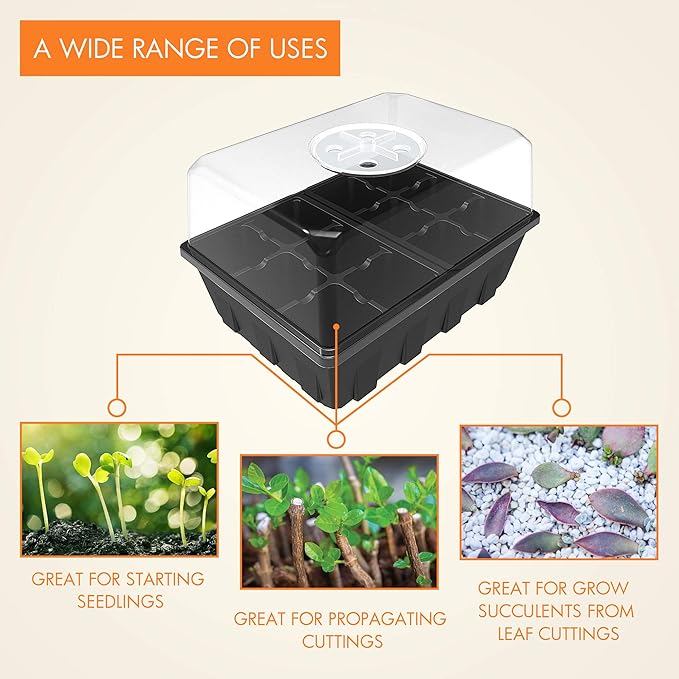 Gardzen 10 Pack Seed Starting Tray, Plant Germination Trays, Seed Starter Kit with Adjustable Humidity Vented Dome, Plant Growing Kit 6.6" x 4.5", Total 120-Cell, Black