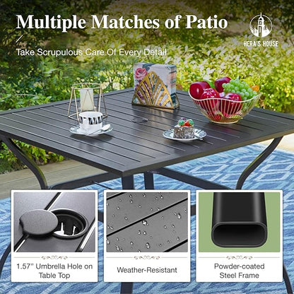 HERA'S HOUSE Outdoor Dining Set 5-Piece, 4 PE Wicker Patio Chair with Cushion & 37" Square Metal Dining Table with 1.57" Umbrella Hole for Lawn Garden Backyard Deck
