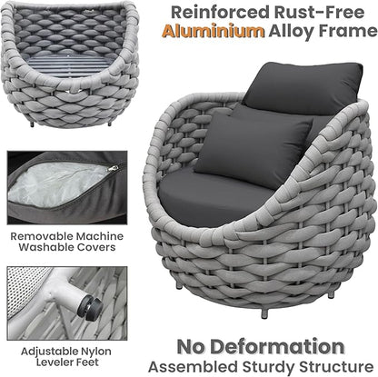 2 PCS Deck Furniture Accent Chair: Aluminum Woven Rope Chair - Outdoor Lounge Armchair Cushioned - Modern Patio Seating Assembled - All Weather for 400lbs Porch Lanai Balcony Yard Garden Hotel