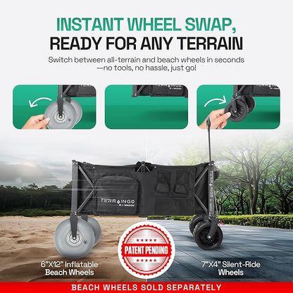 Foldable Beach Wagon Cart- Interchangeable All Terrain Wheels- 12" Beach Wheels Optional- Patent Pending- Gardening, Fishing, Shopping-Built-in Insulated Cooler Pouch, More Storage Pockets, Cupholders