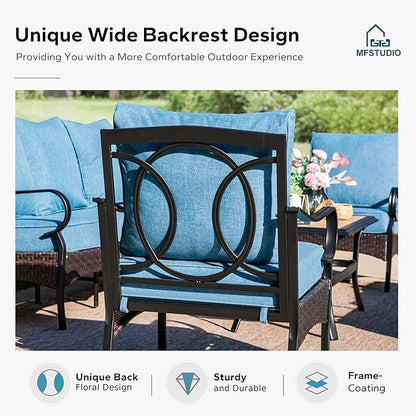 MFSTUDIO 4 Pieces Outdoor Patio Furniture Set, Metal Outdoor Conversation Set, Rattan Wicker Patio Sectional Sofa Set with 2 x Rocking Single Sofa, 3-Seat Sofa, 1 x Coffee Table, Navy Blue
