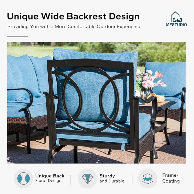 MFSTUDIO 5 PCS Outdoor Patio Furniture Set, Metal Outdoor Conversation Set, Rattan Wicker Patio Sectional Sofa Set with 2 x Fixed Single Sofa, 2-Seat and 3-Seat Sofa, 1 x Coffee Table, Navy Blue