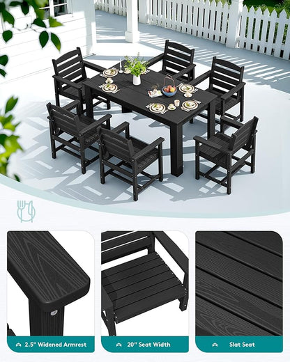 SERWALL Patio Dining Set for 6, Outdoor Dining Sets for 6 Person with 1 Umbrella Hole Cut-Out Rectangular Table and 6 Chairs, HDPE Dining Sets for Garden, Backyard, Poolside, Black