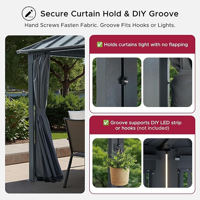 SUNJOY Kingston 10' x 10' Hardtop Gazebo with Galvanized Steel Double Roof, Curtain and Netting, Gray Aluminum Posts Permanent Pavilion Gazebo for Garden, Patio, Deck, Lawn