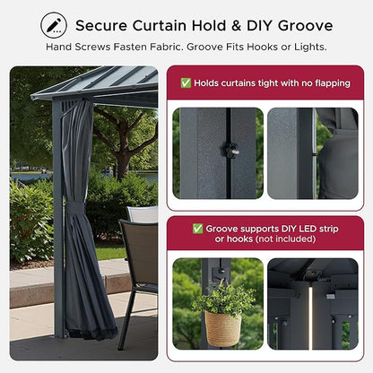 SUNJOY Kingston 12' x 10' Hardtop Gazebo with Galvanized Steel Double Roof, Curtain and Netting, Gray Aluminum Posts Permanent Pavilion Gazebo for Garden, Patio, Deck, Lawn