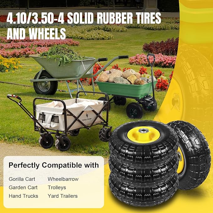 10 Inch Soild Rubber Dolly Tire Wheels, 4.10/3.50-4" Tire and Wheel Flat Free for Garden Carts, 5/8" Bearings,2.1"Offset Hub for Hand Truck, Gorilla Cart, Wheelbarrow Metal (4 Packs)