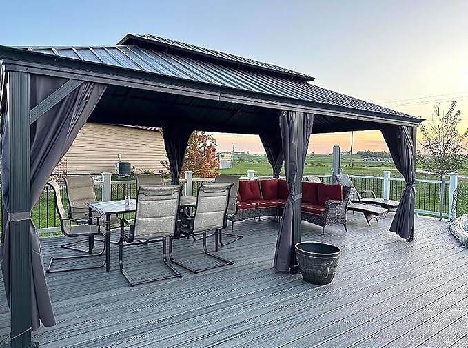 Domi 12'x20' Hardtop Gazebo Canopy,Outdoor Aluminum Gazebo with Galvanized Steel Double Roof,Large Permanent Gazebo Pavilion for Patio Deck Backyard,Curtain and Netting,Grey