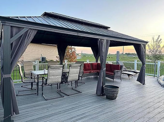 Domi 12'x20' Hardtop Gazebo Canopy,Outdoor Aluminum Gazebo with Galvanized Steel Double Roof,Large Permanent Gazebo Pavilion for Patio Deck Backyard,Curtain and Netting,Grey