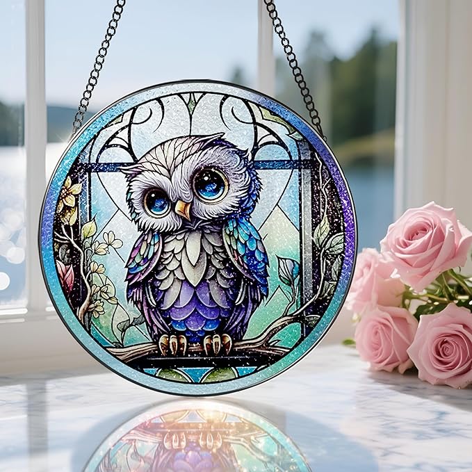 8 Inch Stained Glass Suncatcher Ornament, DOUHASU Owl Sun Catchers Indoor Window, Stained Glass Window Hanging, Home Decor, Owl Lovers Gifts for Women, Men, Friend, Relative