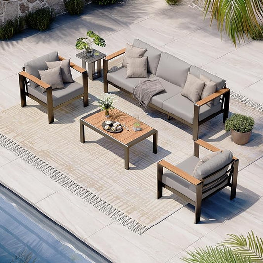 Aluminum Outdoor Patio Furniture Set with Coffee Table, 4 Piece Patio Conversation Sets with Washable Thick Cushions, Patio Sectional Furniture Set for Porch, Balcony, Deck, Gray