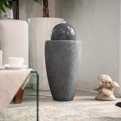 XBrand 25.98" H Blue Round Stone Indoor/Outdoor Modern Sphere Water Fountain w/LED Lights – Ball Bubbling Fountain Décor for Garden, Patio, or Tabletop