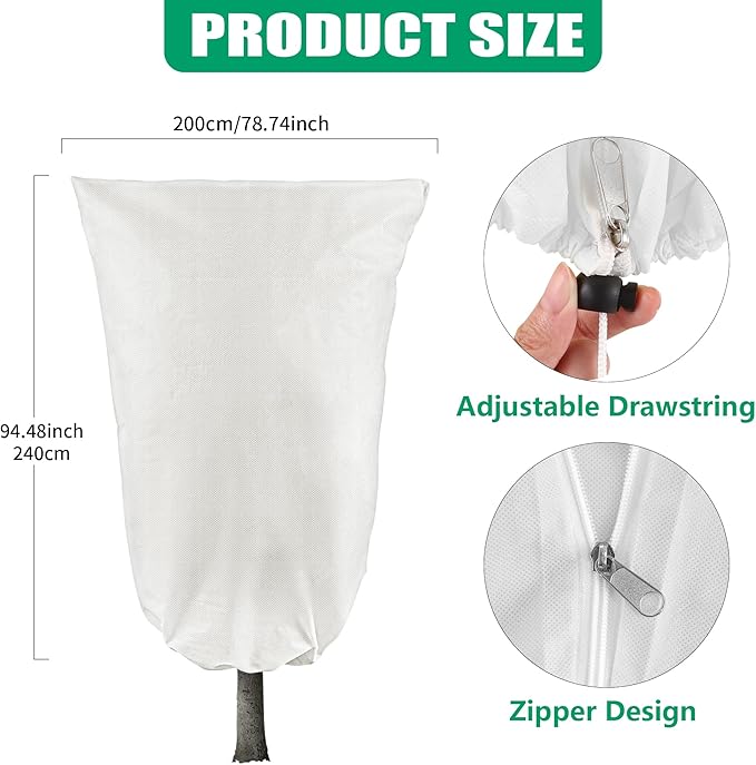 Plant Covers Freeze Protection, 1 Pack 78''× 95'' White Frost Cloths Blankets with Zipper Drawstring Shrub Tree Covers for Winter Outdoor Plants Freeze Protection