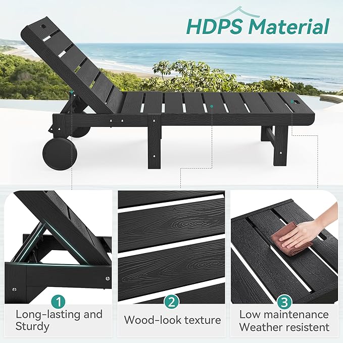 Outdoor Chaise Lounge Chairs Set of 2, 2-Piece, 26.8” Super Wide Lounge Chair Outdoor, HDPS Pool Chairs with 5 Positions, Patio Lounge Chair with Wheels for Pool,Lawn,Backyard, Black